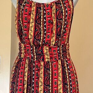 Lucky Brand Red and Orange Ruche Waist Patterned Maxi Dress